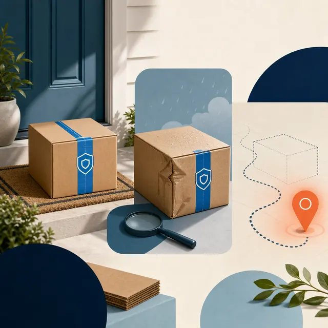 Illustration of a safe delivery, a damaged parcel, and a shipment missing in transit